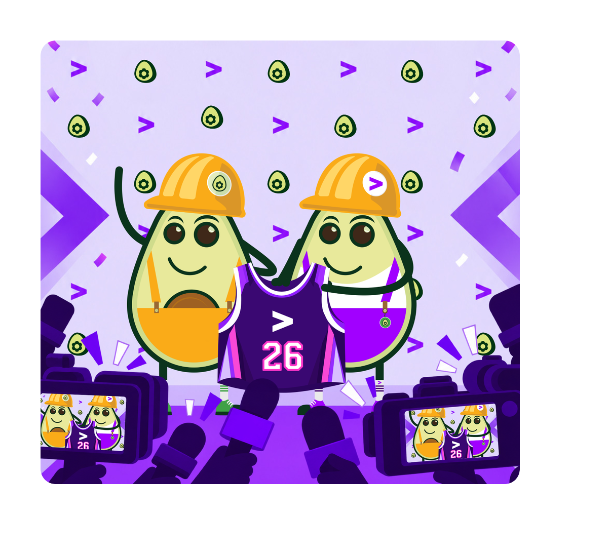 Avicado's avocado mascots in hard hats holding up a number 26 jersey for the cameras